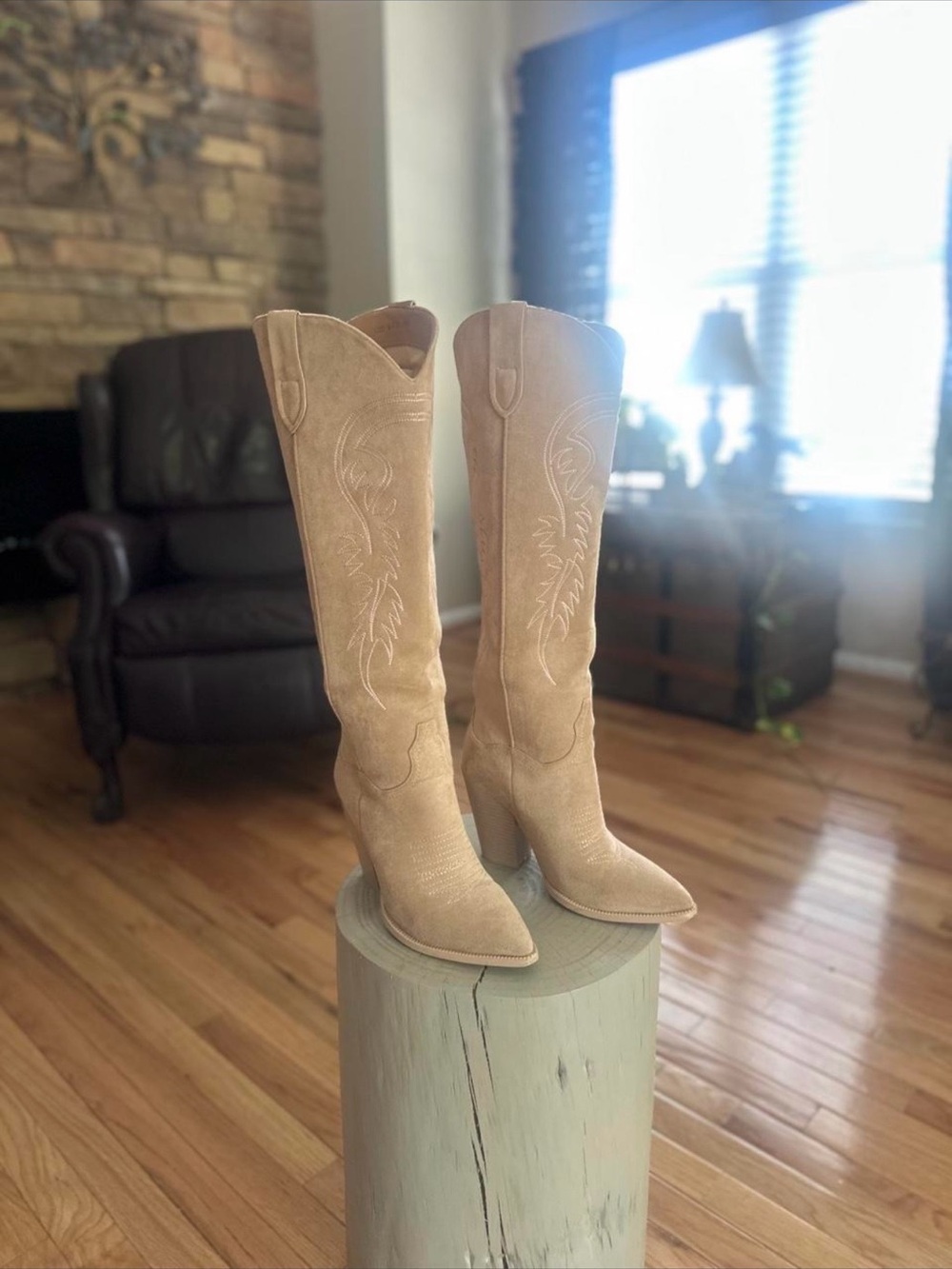 Women's Beige Faux Suede Western Knee-High Boot Size 7